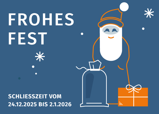 Text: Frohes Fest! Schließzeit vom 24.12.2025 bis 2.1.2026